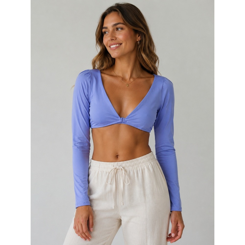 Skims Cornflower Blue Long Sleeve V-Neck Clasp Front Crop Top NWT